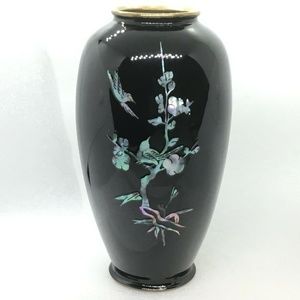 Vtg Black Lacquer MOP Inlay Vase Birds & Blooms
